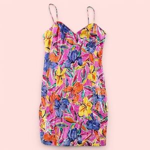 Vintage A.J. Bari Floral Spaghetti mini Dress sequins colorful size 8 10 965